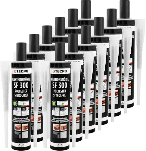 TECPO 12 x malta per iniezione SF da 300 ml con miscelatore statico per malta di lega, colla per ancoraggio per interni ed esterni, per il fissaggio di materiali da costruzione pieni e cavi