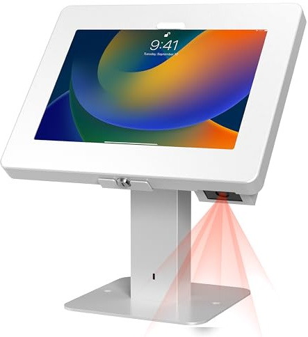CTA Digital Schlanke, drehbare POS-Schreibtischhalterung mit Sicherheitsgehäuse und Barcode-Scanner für iPad 10. Generation A16, iPad Air 11 Zoll M3 & M2, Pro 11 Zoll, Galaxy Tab A7 und mehr, Weiß