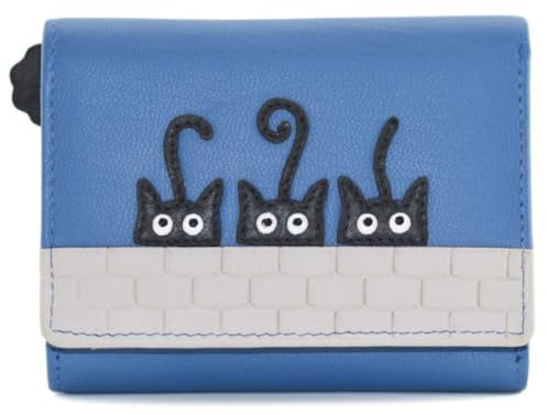 Peek-a-Boo Black Cats Small Tri-Fold Purse by Mala – Genuine Leather Wallet with RFID Protection, Card Slots & Gift Dust Bag – 11 × 9 × 2.5 cm (Blue)