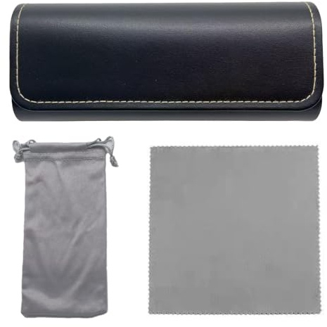 SANJSJHXJ Brillenetui Hardcase Groß, Premium Leather Glasses Box, Brille Etui Set with Cleaning Cloth, Protective Bag, Classic Retro Design, Lightweight & Portable, Black