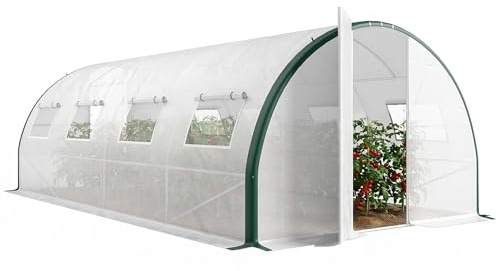Outsunny Serra a Tunnel 6x3 m 2 Porte con Cerniera 8 Finestre Bianco Verde | Serra per Orto, PE, Acciaio Zincato, Poliestere