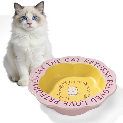 Gamelle Chat Céramique Forme Fleur, Bol Antidérapant pour Nourriture et Eau, Design Mignon, Convient aux Chatons et Petits Chiens, Idéal Décoration Maison et Photo (Jaune Rose)