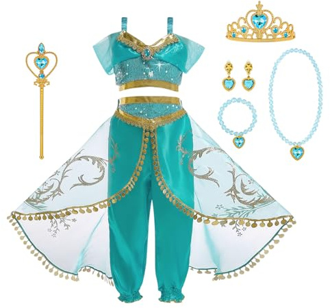 ACWOO Deguisement de Princesse Jasmine pour Enfants Filles, Costume de Princesse Jasmine avec Accessoires de Bandeaux et Colliers, Aladdin Costume pour Filles Noël Halloween Anniversaire Fête Cosplay