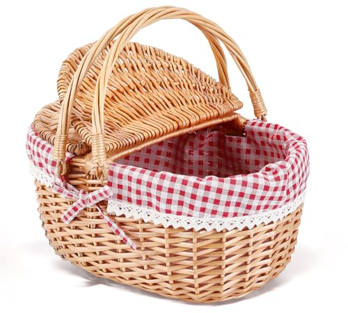 Picknickkorb, Picknickkorb mit Doppelt zu öffnendem Deckel und Klappbarem Griff, Handgewebter Korb mit Herausnehmbarem Baumwollfutter für Picknicks, Camping, Obstpflücken(Rot/40x34x19CM)