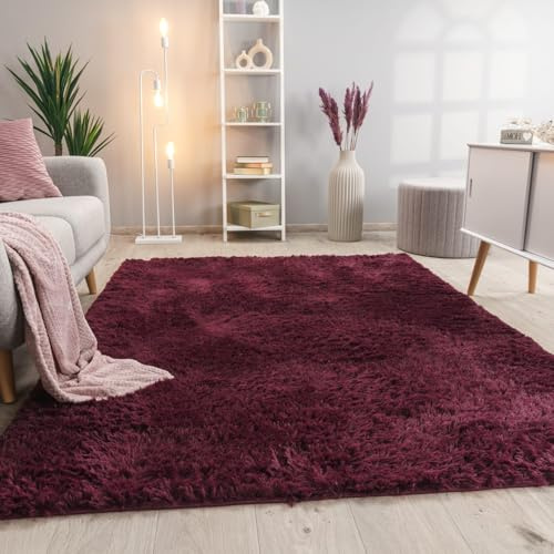 KADIMA DESIGN Hochflor Teppich Shaggy waschbar Unifarben Schlafzimmer schmutzabweisend Lila Rechteckig 160x220 100% Polyester Florhöhe: 33 mm pflegeleicht