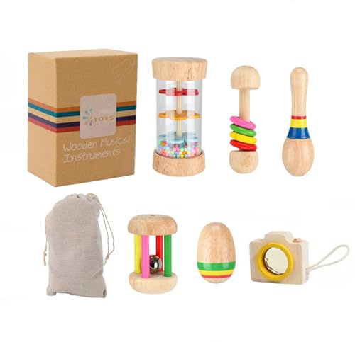 Set da gioco sonaglio per bambini dai 3 agli 8 anni | bastone da pioggia ispirato ai Montessori, maracas, caleidoscopio e altro ancora | giocattolo in legno naturale per bambini con bordi arrotondati