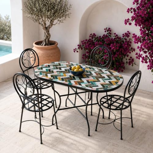 Generico Tavolo in Ferro Battuto con Mosaico Multicolore in Pietra Naturale + 4 Sedie-Fatto a Mano-Arredo Interno ed Esterno-2306261200