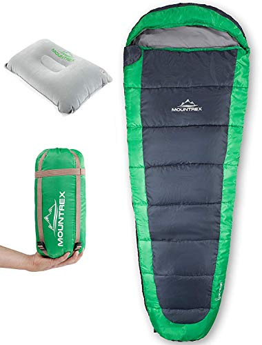 MOUNTREX Schlafsack – Ultraleicht & Kompakt (850g) - Outdoor Sommerschlafsack - Mumienschlafsack (205x75cm) - Kleines Packmaß und Leicht - für Jugendliche und Erwachsene + Bonus Reisekissen
