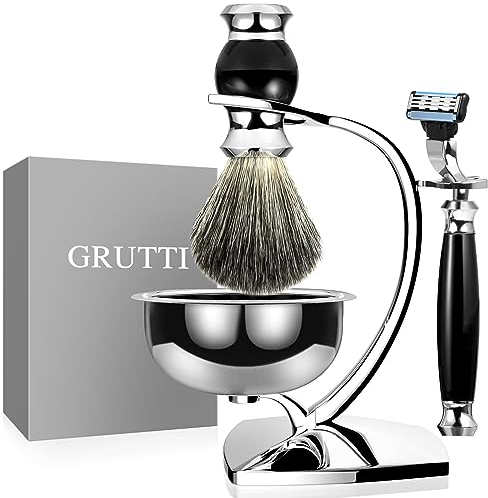 GRUTTI Premium Rasierpinselset - mit Rasierhobel Ständer und Rasierschale und Rasierpinsel Dachshaar Imitat für Seifenschale und Rasiermesser-Geschenk-Rasiersets, Nassrasierer Herren - (Mach 3)