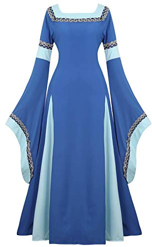 Josamogre Mittelalter Kleidung Damen Kleid mit Trompetenärmel Party Kostüm bodenlang Vintage Retro Renaissance Costume Cosplay Blau XL