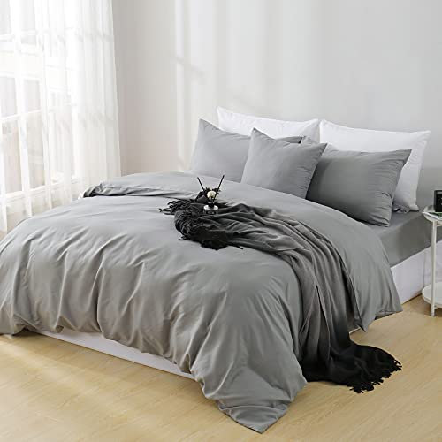 Aisbo King Duvet Set with Sheet - Light Grey 4 Pieces Microfiber Bedding Set for Kingsize Bed, Includes Duvet Cover, Fitted Sheet and Pillowcases