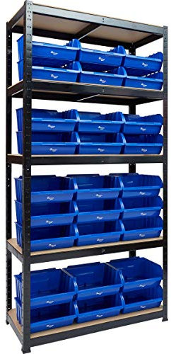 The Workplace Depot Storage Shelving with Bins - 5 Shelf Unit with 40 Polypropylene Containers (Blue)