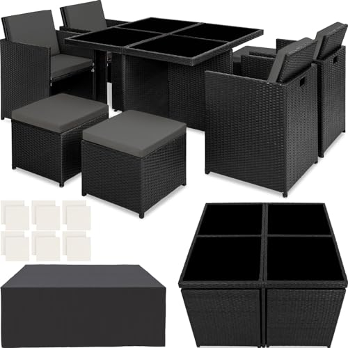TecTake® Salon de Jardin Extérieur 8 Places - 4 Chaises Confortables, 4 Tabourets, Table en Poly Rotin - Mobilier pour Aménagement Balcon Terrasse - Noir