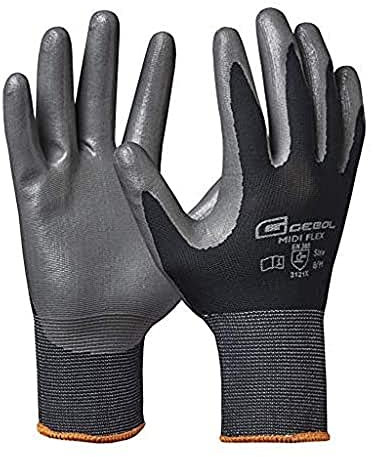 Gebol Midi Flex | Guanti da lavoro con rivestimento in nitrile resistente contro acqua, olio e grasso | Guanti in nitrile per officina e giardino | Per uomo e donna | Taglia M (Gr 8) | Nero | 1 paio
