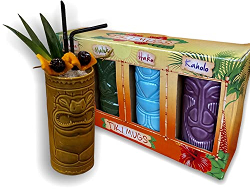 Tiki Mugs Cocktail Mugs Set of 4 Ceramic Tiki Cocktail Glasses for Cool Summer Parties and Events, Accessories and Decorations to Help You Have The Most Fun