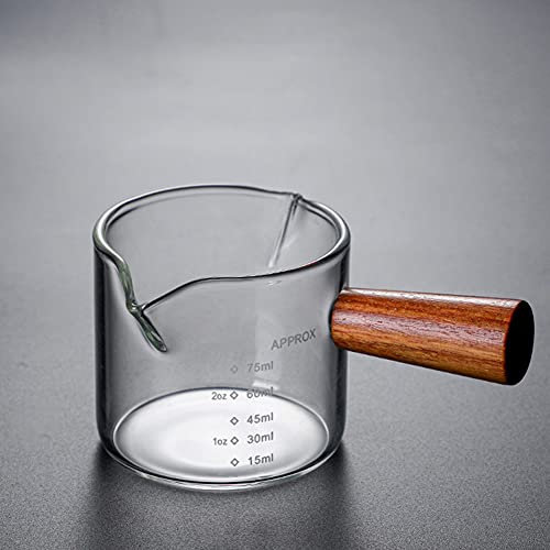 URMAGIC Double Spouts Measuring Cup with Wooden Handle,70 ml Espresso Shot Glass with Double Scale,Triple Pitcher,Milk Frother Cup,Mini Creamer Glass Cup,Mini Sauce Pitcher,Milk Frothing Pitcher (B)