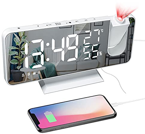 Mightree Réveil à projection pour chambre à coucher, réveil numérique avec chargeur USB, 18,8 cm, grand écran LED miroir radio, double alarme intelligente avec projection au plafond, blanc