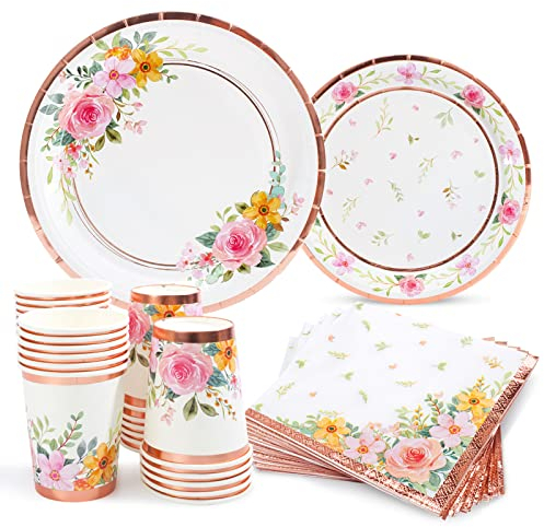 HOMIX Floral Paper Plates and Napkins Cups Sets Pink Flower Tea Party Supplies Disposable Dinnerware Sets Serves 24 for Bridal Shower, Birthdays