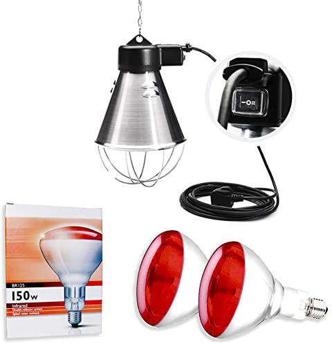 Lampada riscaldamento cuccioli ad infrarossi | Lampada riscaldante per pulcini | A risparmio Energetico con griglia di protezione e 2m di catenella per la sospensione + 2 Lampadine 150W