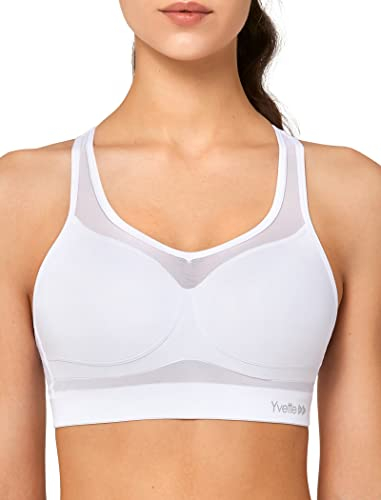 Yvette Sport BH Starker Halt Mesh Ringerrücken Große Brüste Ohne Bügel Gepolstert für Fitness Lauf Yoga,Weiß,L
