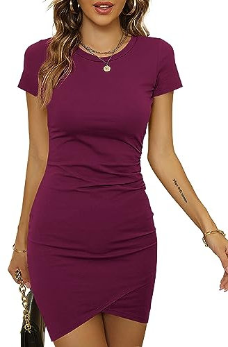 Laughido Robe Moulante Froncée À Manches Courtes T-Shirt Ajusté pour Femme Robe D'Été Fourreau Décontractée (Violet, Large)