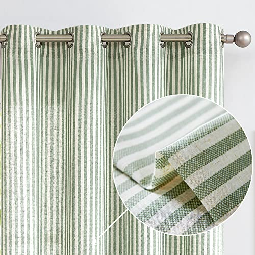 TOPICK Leinen Vorhänge Gestreifte Gardinen mit Ösen Modern Beige Leinenoptik Vorhang Wohnzimmer Privarsphäre Gardine Lichtfilterung Ösenschal mit Streifen Muster 2er Set H225xB130cm Grün auf Beige