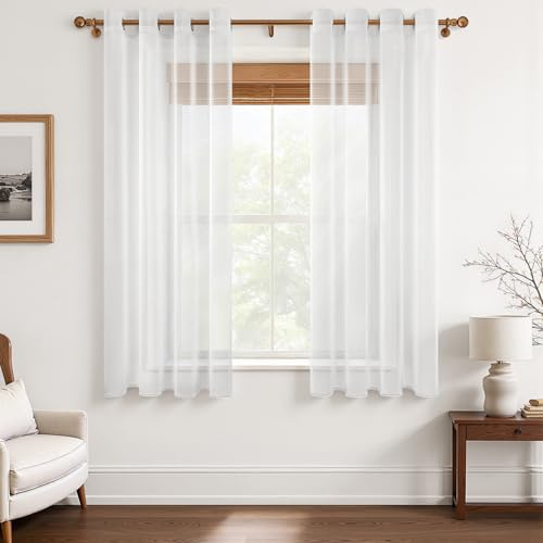 MRTREES Voile Gardinen Vorhang halbtransparent kurz mit Ösen in Leinenoptik Stores Gardinen Schals für Wohnzimmer Schlafzimmer Kinderzimmer Weiß 167×117cm (H×B) 2er Set