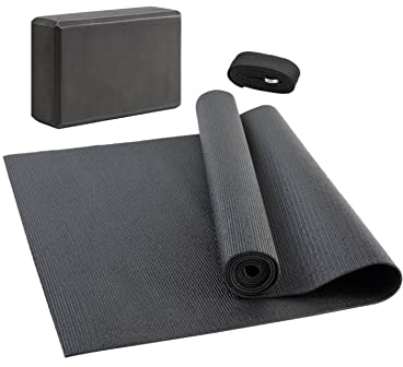 JELEX Yoga Set 3-tlg. Yogagurt, rutschfeste Yogamatte (173 x 61 cm) und formstabiler Block. Praktisches Set für Anfänger und Erfahrene, Dehnübungen, Entspannung, Fitness, grau