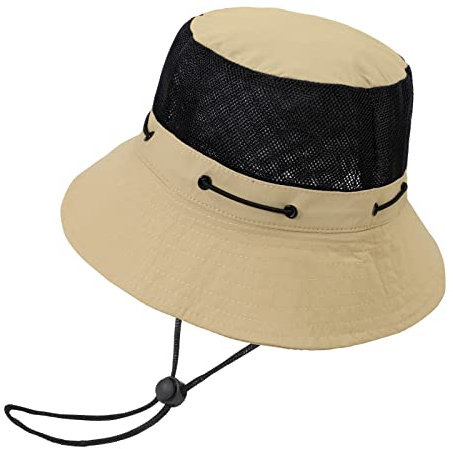 TAGVO Sonnenhut Fischerhut Herren, Sommerhut for Damen Herren mit UV Schutz, Unisex Faltbar Atmungsaktiv Mesh Hat, Fischermütze mit Kinnband Outdoor Herren Anglerhut,Beige