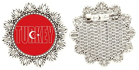 Brosche mit Türkei-Flagge, Name, Art-Deco-Mode, Silber, Blumen-Design, M