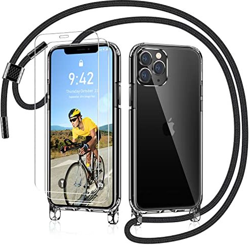 AROYI Handykette für iPhone 11 Pro Hülle mit Band Und 2 Stück Schutzfolie, Transparent Ultra Hybrid Handyhülle für iPhone 11 Pro mit Kette zum Umhängeband Abnehmbar Stossfest Hülle - Schwarz