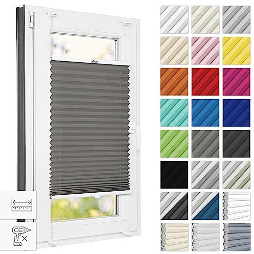 Estika Plissee ohne Bohren 125 cm x 120 cm - Dunkelgrau - Bruchfeste Klemmhalter, Plissee klemmfix, Rollos für Fenster ohne Bohren, Jalousien Fenster für innen, Raffrollo, Fenster plissee