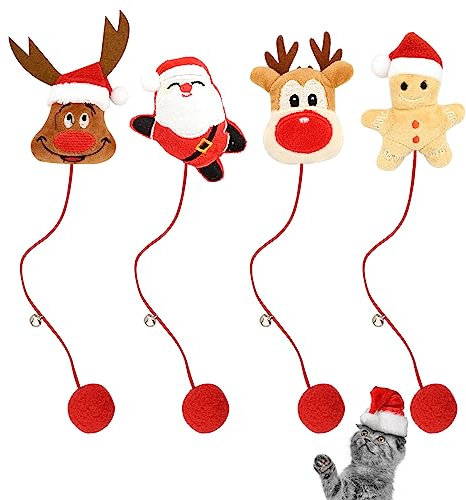 Weihnachten Katzenspielzeug 4 Stück Hundespielzeug Katzenspielzeugset Kätzchenspielzeug mit Glocke roter Ball Weihnachtsmann Rentier Lebkuchen Haustierspielzeug weiches Plüschspielzeug für Haustier