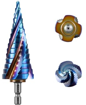 SALI M35 HSS Step Drill Bit 4-32 mm Four Spiral Flute Cobalt Step Drill 1/4 Hex Shank Quick Change Design High Speed Steel Step Drill Bit for Metal, Stainless Steel, Aluminum, Wood, Plastic
