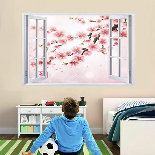 3D Durchbruch Wandtattoo Mädchen Kinderzimmer Kirschblüten Wandaufkleber Dekorative Japanischer Stil Abnehmbare Wandsticker Vinyl für Junge Teenager Zimmer Wohnzimmer Schlafzimmer Wandbilder Deko