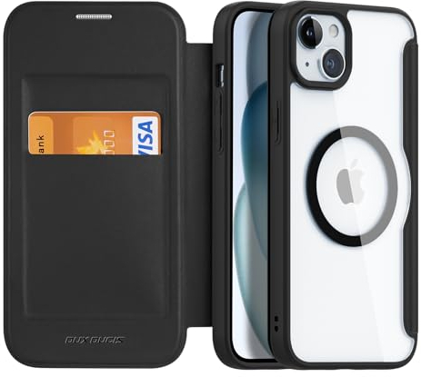 DUX DUCIS Magnetisch Hülle für iPhone 15 Plus, [Kompatibel mit MagSafe] Premium Flip Leder Klar Stoßfest Schutzhülle Handyhülle mit RFID Blocker für Apple iPhone 15 Plus Klapphülle (Schwarz)