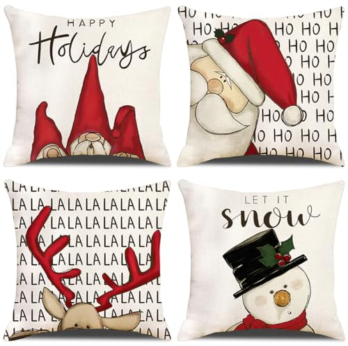 ZHAOMIMI 4er Set Dekorativ Kissenhülle Baumwolle Leinen Kissenbezug Dekokissen Sofakissen für Couch, Auto, Schlafzimmer 45x45 cm (Einfachheit Weihnachten)