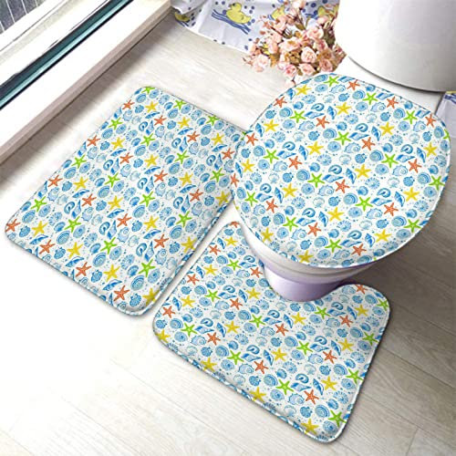 rutschfeste 3 Badteppich Set Seestern Druck Im Maritimen Marine Stil Badteppich Dekorative Badematte Und Wc-Vorleger-Set, Für Dusche, Wohnzimmer