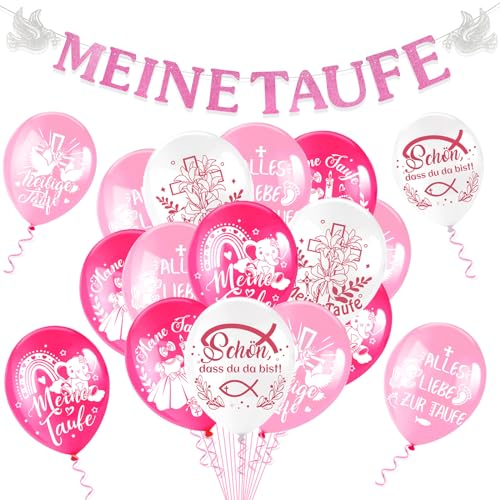 HOWAF Taufe Deko Mädchen, Taufe Luftballons Taufe Ballon Luftballon Taufe Dekoration, Meine Taufe Girlande Dekoration Papier Taufe Banner Fische Deko, Taufgeschenk, Deko zur Taufe Taufdeko, Rosa