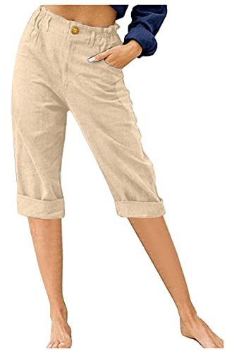 DeaAmyGline Leinenhose Damen Sommer 3/4, Sommerhose Damen Leicht Dreiviertel Hose Caprihose Luftige Freizeithose High Waist Drawstring Stoffhose Casual Baumwolle Leinen Kurze Capri Hosen