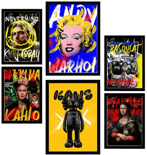 Nacnic 6er-Set Graffiti Pop Marilyn Kurt Cobain Frida Mona Lisa Basquiat Gerahmtes Poster mit Design-Illustrationen zur Dekoration der Wände Ihres Zuhause Zimmer Büro im A3 & A4 Schwarzer Rahmen