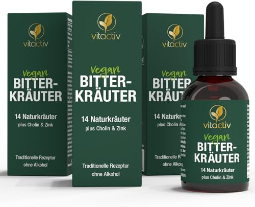 VITACTIV Bitterkräuter - Bittertropfen ohne Alkohol - Erlesene Kräuter plus Cholin & Zink - Bitterstoffe Tropfen nach Hildegard von Bingen - Ohne Künstliche Zusätze, Zuckerfrei, Vegan - 150ml