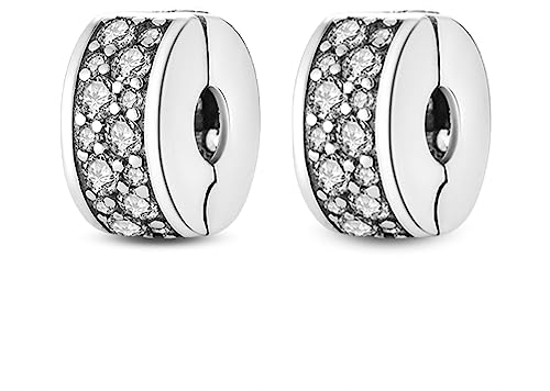RMMY Charm Silver Pavé Clip Stopper Charms 2pcs Anhänger für Armband Halskette Muttertag Geschenk für Frauen 925 Sterling Silber Beads with Zirkonia Schmuck