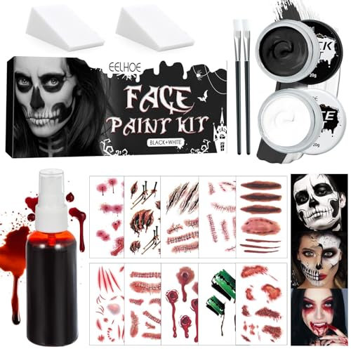 Halloween Schminke Schwarz Weiß, mit Kunstblut, Schwarz Weiß Gesicht Farbe Körper Malerei, Zombie Clown Make Up Halloween, Kinderschminke Set, für Halloween Karneval Party