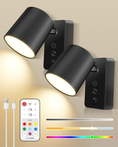 ALUSSO LED Wandleuchte Innen, Wandlampe mit Akku 2 Stück, Touch Lampe 4 Farbtemperatur, ohne stromanschluss, kabellose Leselampe für Wohnzimmer Schlafzimmer, Schwarz