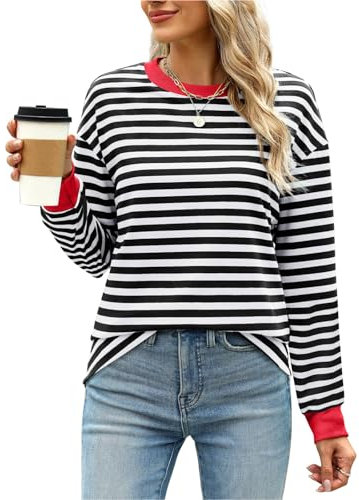 Gemulate Womens Tops Dressy Casual Long Sleeve Plus Size Striped Shirts for Women Long Sleeve Crewneck Sweatshirts Teen Girls Clothes Black/Red XXL