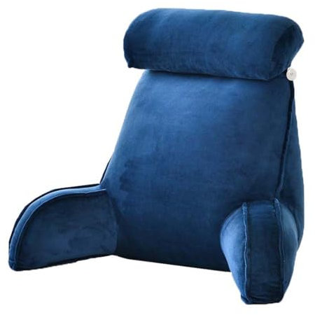 Kongdson Reading Pillow with Headrest Arm Support and Storage Pockets, Bed Couch Soft Back Lumbar Support for Relaxing, Reading, Working on Laptop, Gaming, Watching TV (Navy)