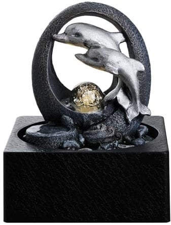 BTGGG Indoor Fountains with Rolling Ball LED Light Dolphin Indoor Waterfall 18 * 18 * 23CM Desktop Waterfall Fountain for Relaxation, 3 Pin UK Plug Included