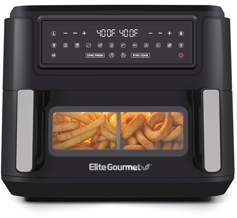 Elite Gourmet EAF1055D - Horno freidora de aire de doble zona, 11 cuartos Capacidad con divisor, acabado SYNC, 10 funciones preestablecidas, hornear, asar, asar, freír al aire, tostar, deshidratar,