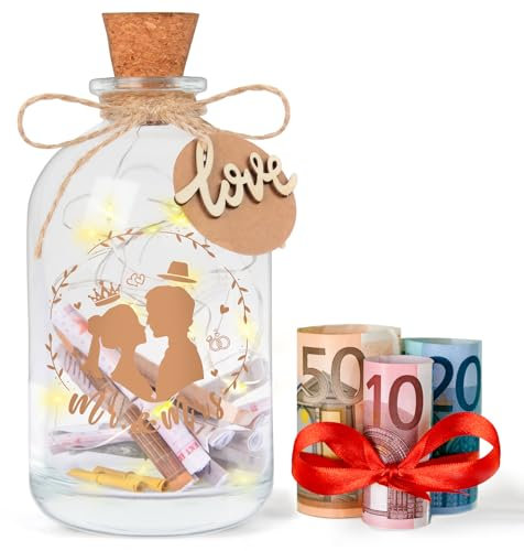 LED Flaschenlicht Hochzeit,Hochzeitsgeschenke für Brautpaar,Geldgeschenke Hochzeit,Hochzeitskasse Spardose,Personalisiert Just Married Geldgeschenke Hochzeit Geld Leuchtflasche(Mr. & Mrs.)